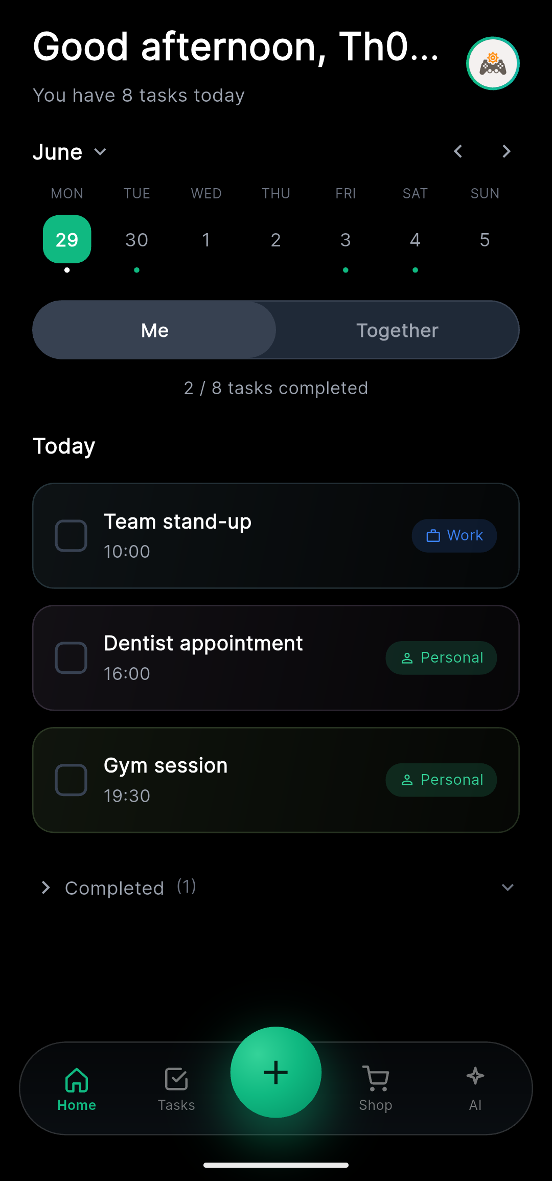 Planido home screen in dark mode