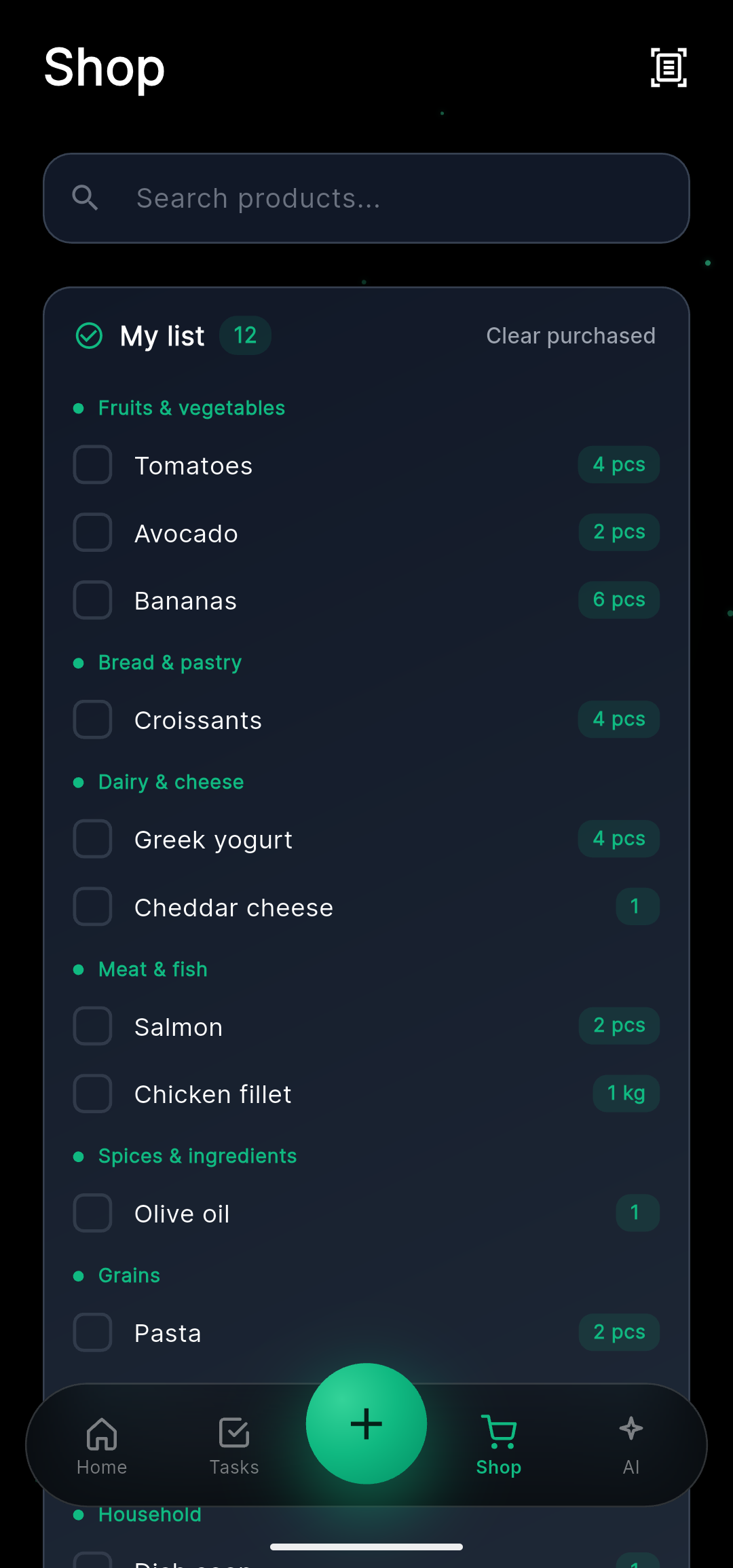 Planido shopping list in dark mode