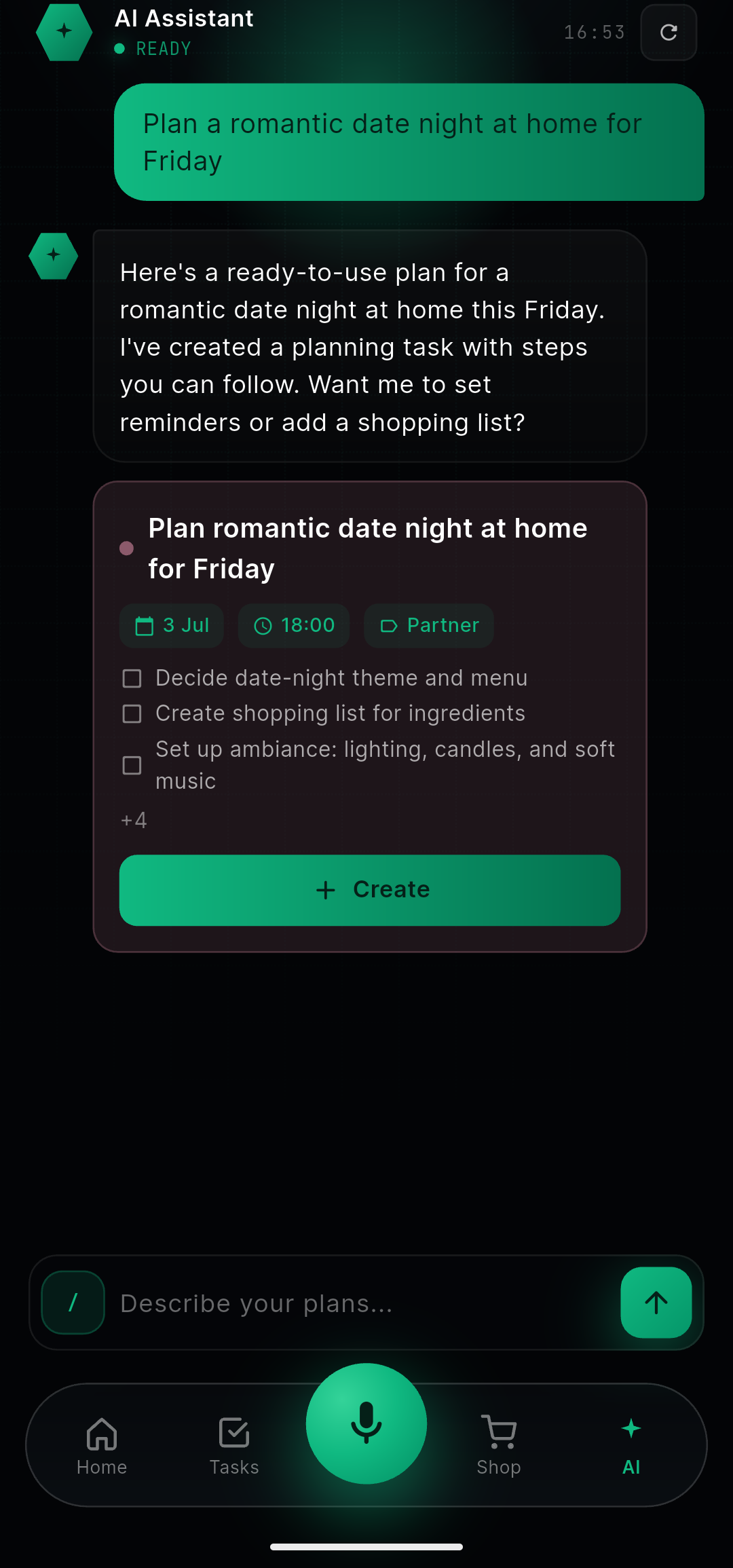 Planido AI assistant in dark mode