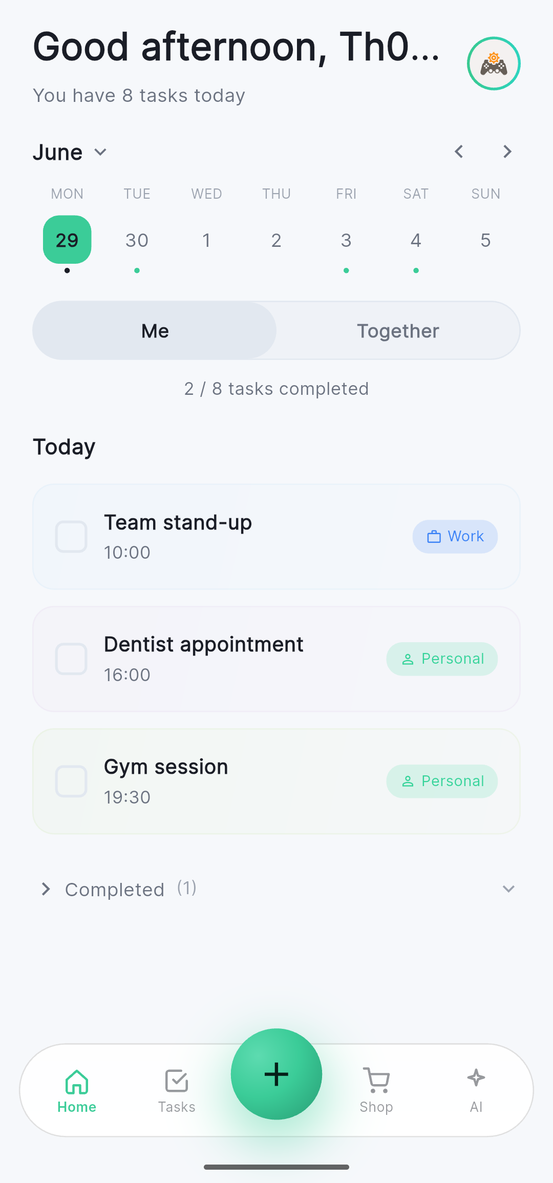 Today's tasks on the Planido home screen